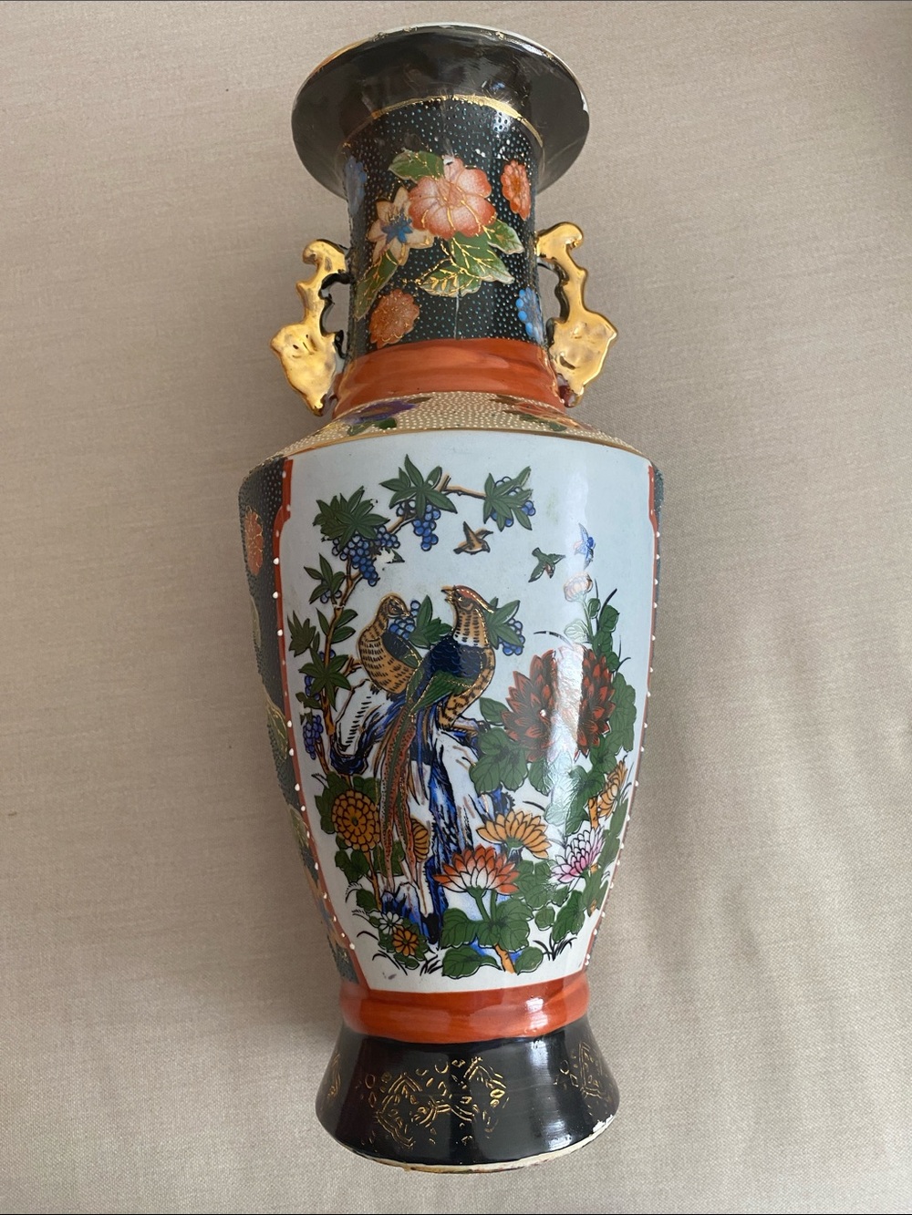 Vintage Chinese Satsuma Style Porcelain Vase 11” Bird Flower Moriage Decor